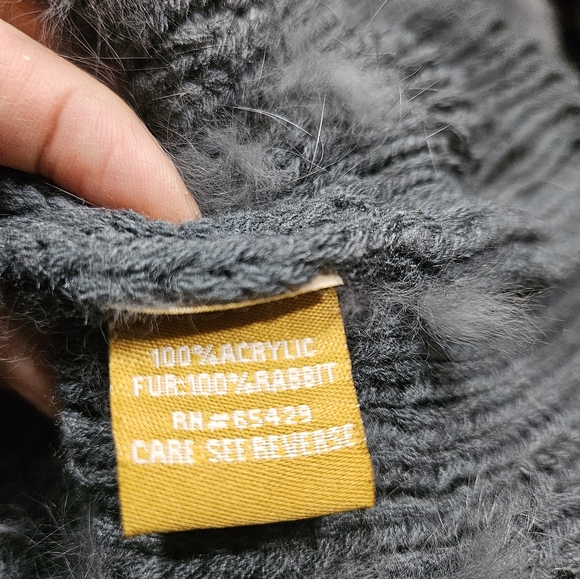 Donna Vinci Grey Short Sleeves Hooded Knit Rabbit Fur Sweater with pom pom XL - Picture 5 of 8